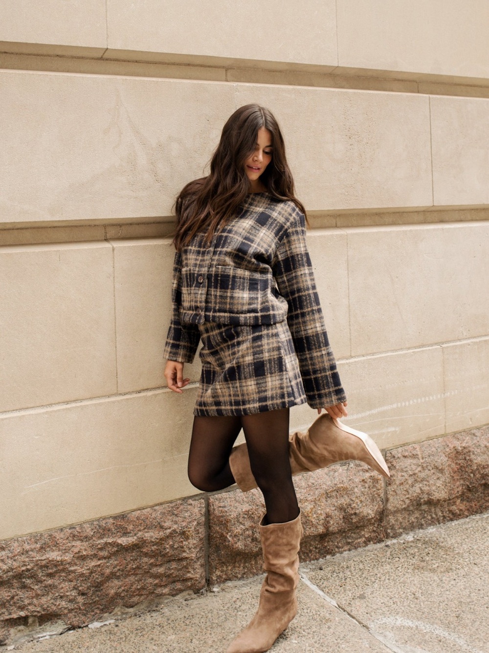 Taylor Plaid Wool-Blend Jacket/ Coat in Navy and Beige